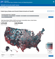 WISQARS Community Health Factors tool showing a map of the United States with fatal injury rates and social vulnerability index